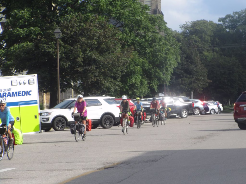 Group cycling through Goderich, Ontario