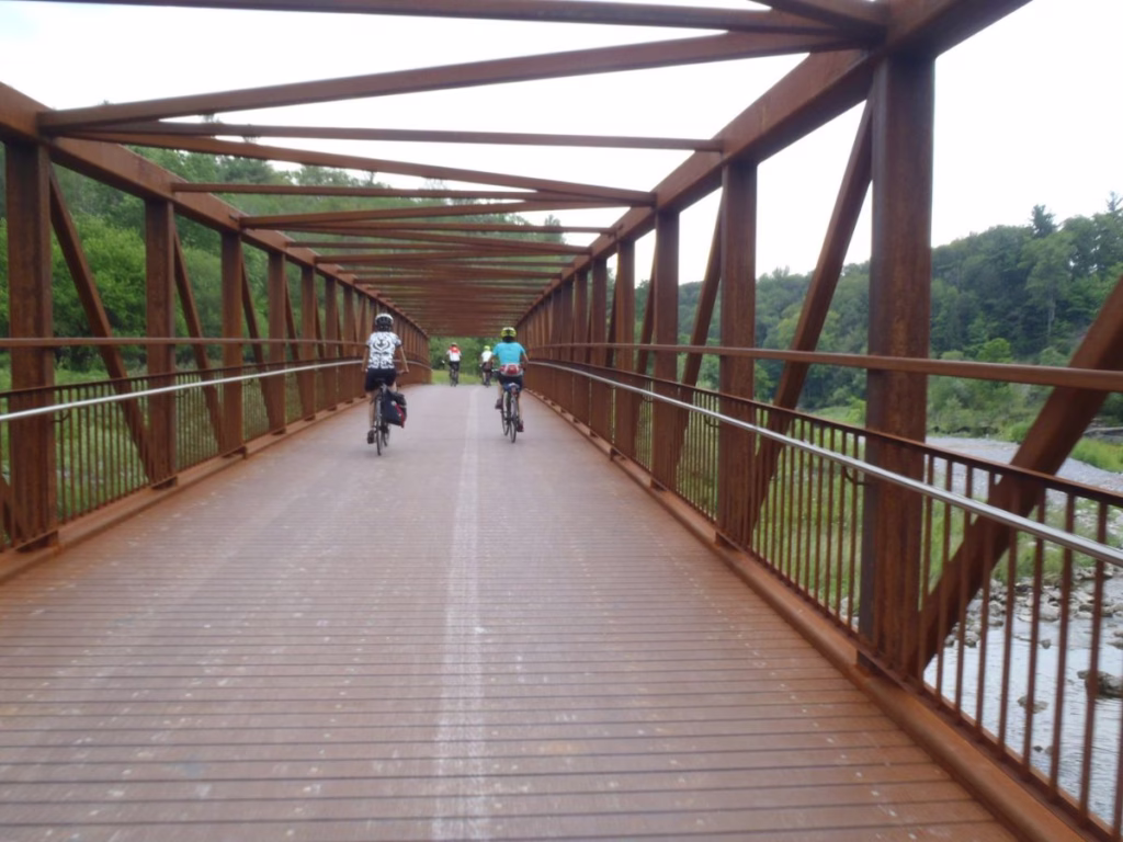 Cyclists on the Highland Creek bridge in east end Toronto