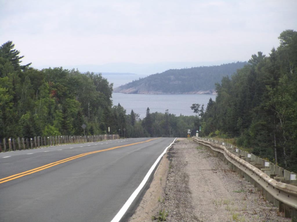 Highway 17 near Batchawana Bay north of Sault Ste. Marie with Lake Superior in the distance
