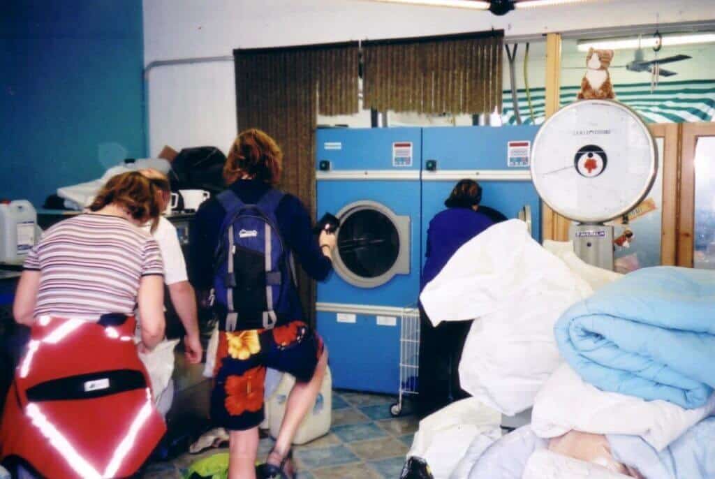 Cyclists in laundry in Greve, Italy