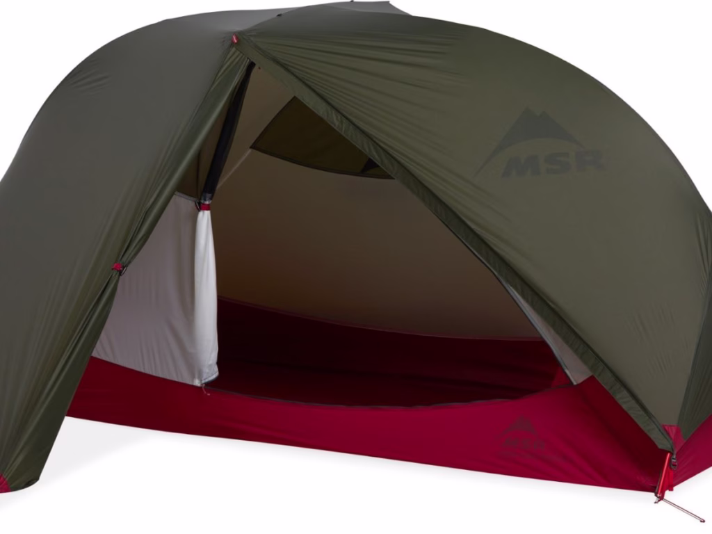 Looking into the interior of a green MSR Hubba Hubba Bikepack 1 Tent with a red base