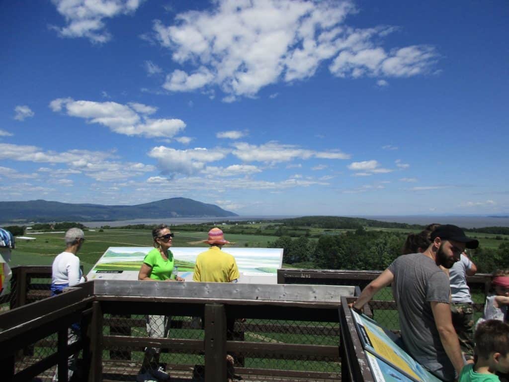 Visitors at a lookout on Île d'Orléans enjoy a panoramic view of the St. Lawrence River and distant mountains. Interpretative panels provide insights, while the mix of fluffy clouds and lush greenery below sets a serene scene