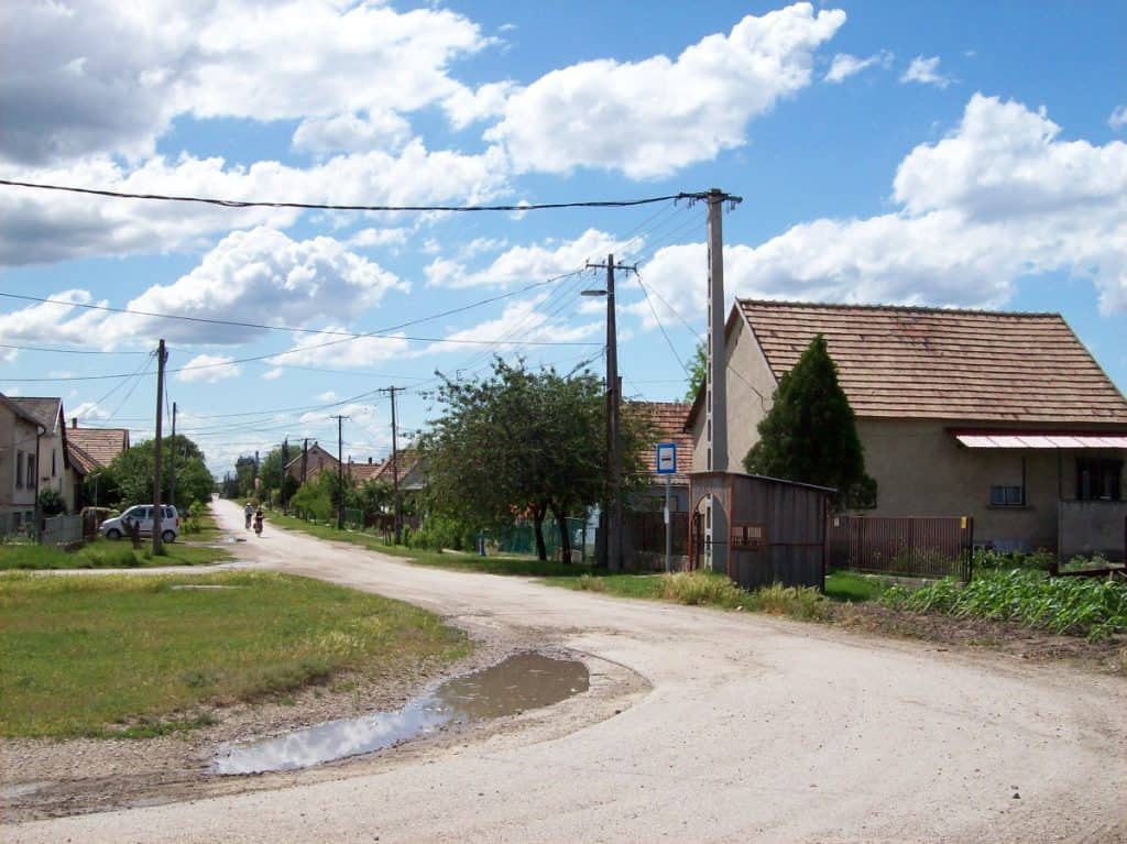 A sunny view of a Hungarian village street along the Danube Cycling Route from Vienna to Budapest, featuring a paved road that forks near a small puddle, lined with modest houses and lush greenery. A person riding a bicycle can be seen in the distance under a blue sky dotted with clouds.