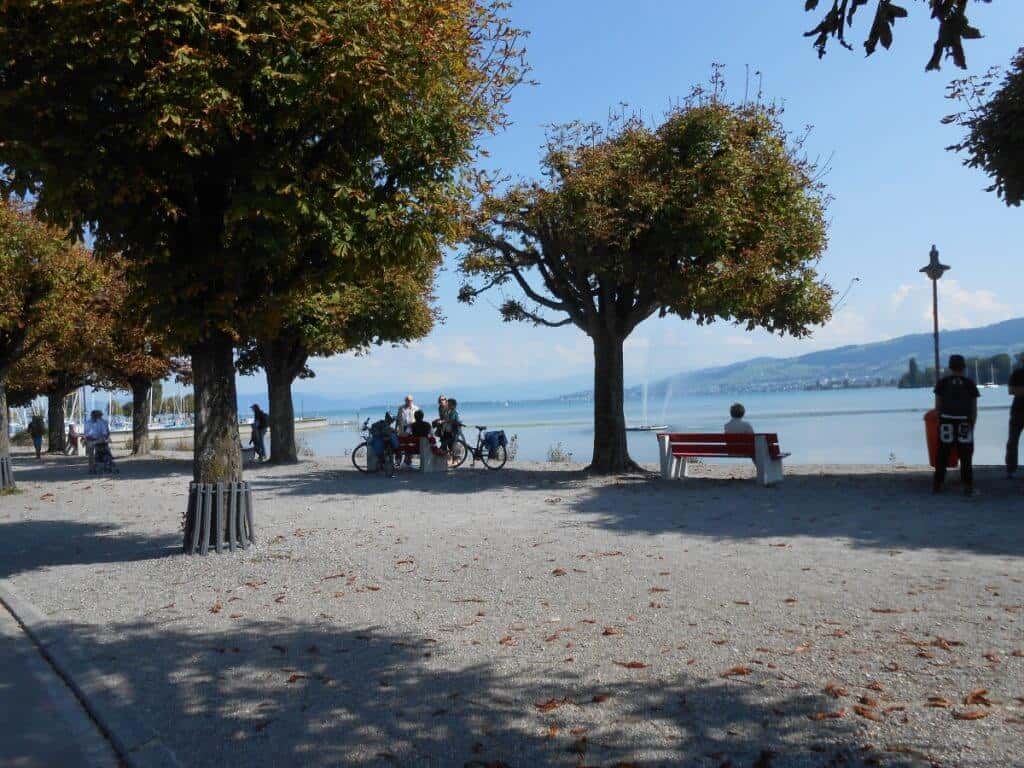 Visitors relax and enjoy the tranquil south shore of Lake Constance in Austria, with cyclists congregating under the shade of trees showing early autumn colors. A person sits contemplatively on a bench overlooking the calm lake, creating a serene and picturesque lakeside retreat.