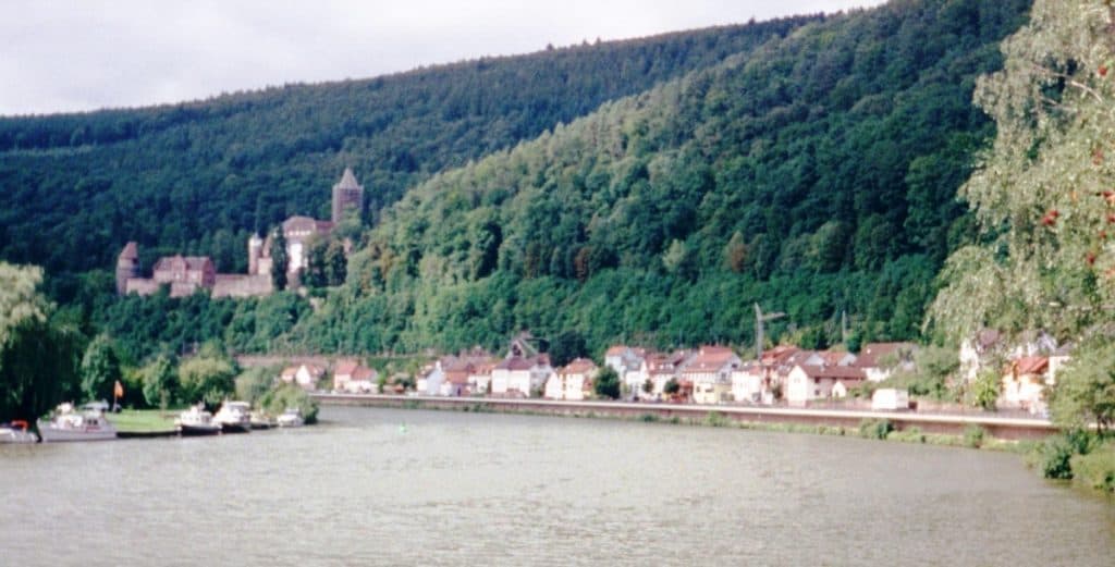 A scenic view of the Neckar River from the Zwingenberg-Ferry area, showcasing a serene river lined with boats and a picturesque village on the far bank. Lush green forests envelop a historic castle complex perched on the hillside above the village.